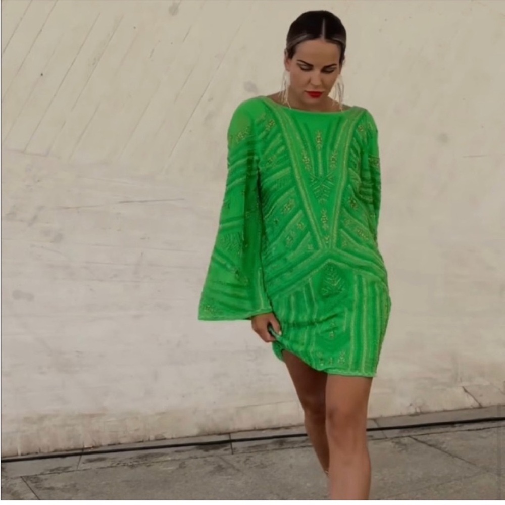 Zara lime green sequin bead mini dress M-L